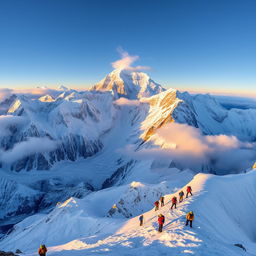 A breathtaking panoramic view of Mount Everest, showcasing its towering peaks and majestic snow-covered slopes