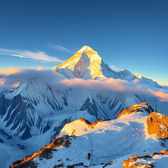 A breathtaking panoramic view of Mount Everest, showcasing its towering peaks and majestic snow-covered slopes