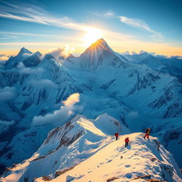 A breathtaking panoramic view of Mount Everest, showcasing its towering peaks and majestic snow-covered slopes