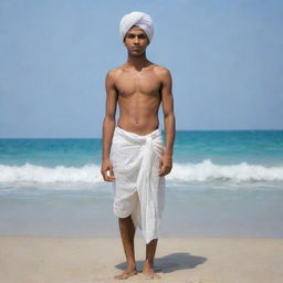 Imagine a 19-year-old Indian teenager, standing shirtless with a white lungi and a matching white cloth tied around his head, creating a striking contrast. He is standing against the stunning backdrop of a tranquil beach.