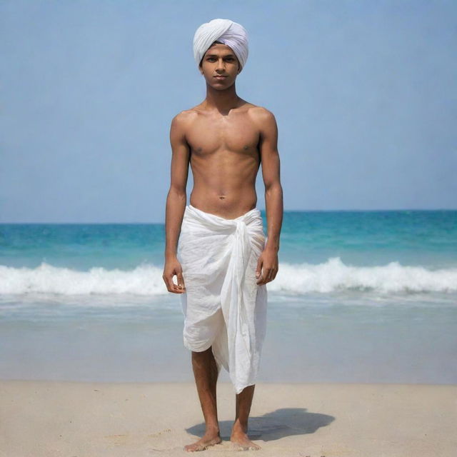 Imagine a 19-year-old Indian teenager, standing shirtless with a white lungi and a matching white cloth tied around his head, creating a striking contrast. He is standing against the stunning backdrop of a tranquil beach.