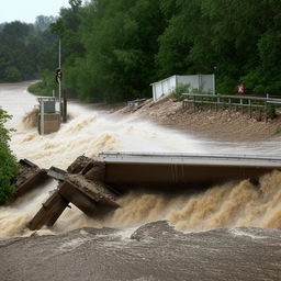 A significant flood causing the destruction of a one-lane, road-level bridge, capturing the sheer force of nature's upheaval.