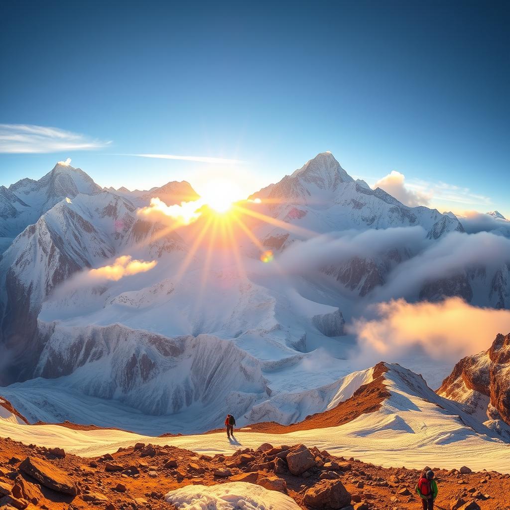 A breathtaking panoramic view of Mount Everest, showcasing its towering peaks and majestic snow-covered slopes