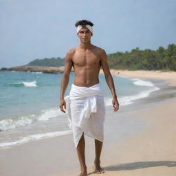 Imagine a 19-year-old Indian teenager, standing shirtless with a white lungi and a matching white cloth tied around his head, creating a striking contrast. He is standing against the stunning backdrop of a tranquil beach.