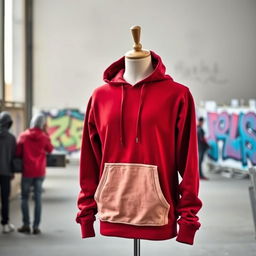 A stylish red hoodie on a mannequin, showcasing its vibrant color and unique design
