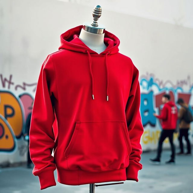 A stylish red hoodie on a mannequin, showcasing its vibrant color and unique design