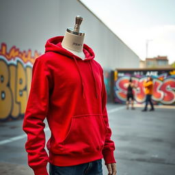 A stylish red hoodie on a mannequin, showcasing its vibrant color and unique design