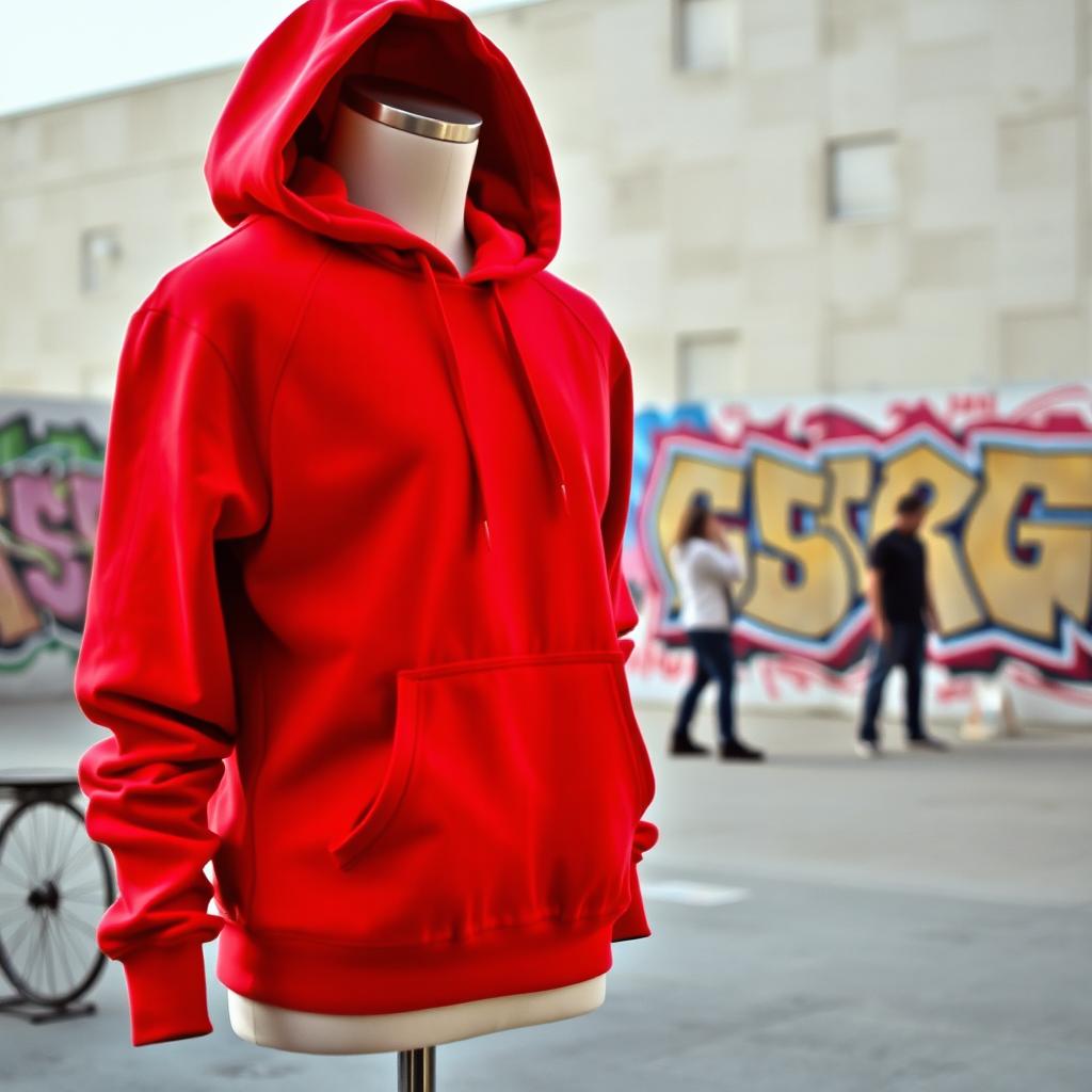 A stylish red hoodie on a mannequin, showcasing its vibrant color and unique design