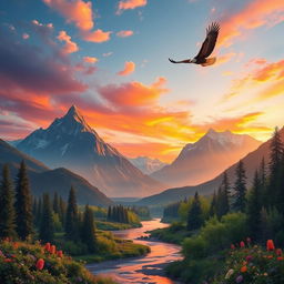 A serene landscape featuring a majestic mountain range under a vibrant sunset, reflecting hues of orange, pink, and purple in the sky