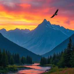 A serene landscape featuring a majestic mountain range under a vibrant sunset, reflecting hues of orange, pink, and purple in the sky