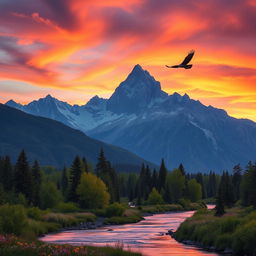 A serene landscape featuring a majestic mountain range under a vibrant sunset, reflecting hues of orange, pink, and purple in the sky