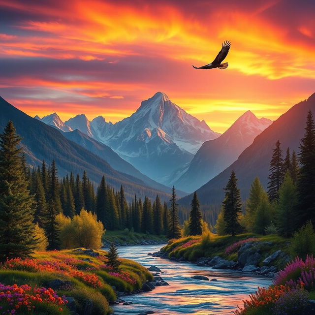 A serene landscape featuring a majestic mountain range under a vibrant sunset, reflecting hues of orange, pink, and purple in the sky