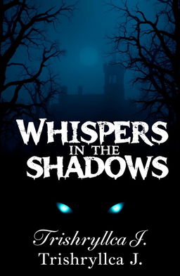 A haunting silhouette of an abandoned mansion surrounded by twisted trees, shrouded in mist, with deep midnight blue and black colors creating an eerie atmosphere