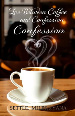 A cozy cafe scene featuring a steaming cup of coffee with heart-shaped smoke swirling above it