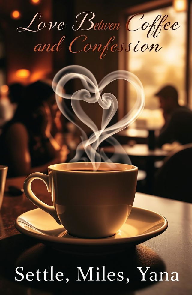 A cozy cafe scene featuring a steaming cup of coffee with heart-shaped smoke swirling above it