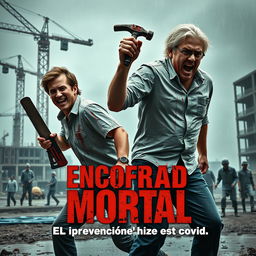 In a terrifying horror design, two male architects in a dynamic action pose are central, covered in blood