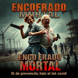 In a terrifying horror design, two male architects in a dynamic action pose are central, covered in blood