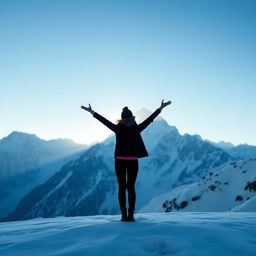 A woman standing confidently in a majestic snowy landscape at Mount Everest, her silhouette gracefully framed by the breathtaking peaks and clear blue sky