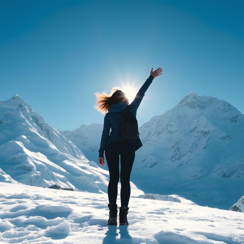 A woman standing confidently in a majestic snowy landscape at Mount Everest, her silhouette gracefully framed by the breathtaking peaks and clear blue sky