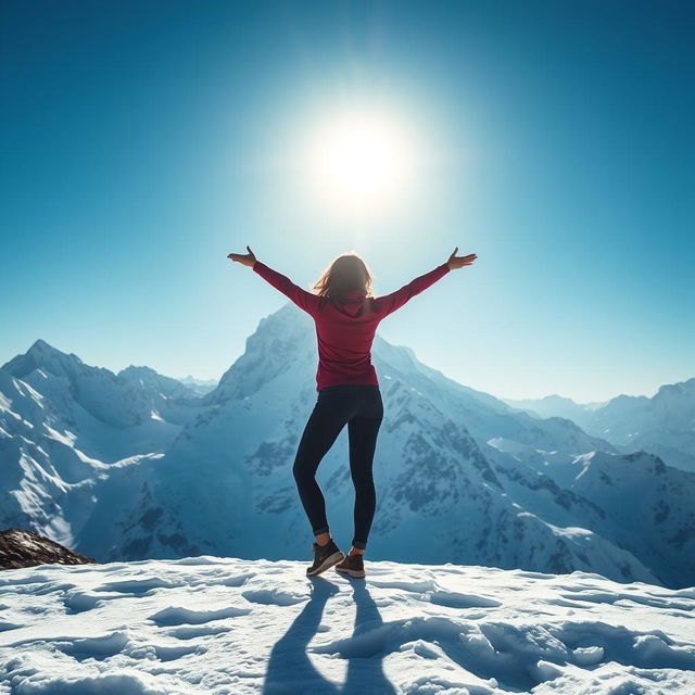 A woman standing confidently in a majestic snowy landscape at Mount Everest, her silhouette gracefully framed by the breathtaking peaks and clear blue sky