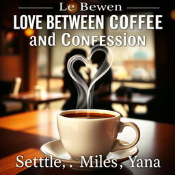 A cozy cafe scene featuring a steaming cup of coffee with heart-shaped smoke forming above it