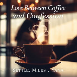A cozy cafe scene featuring a steaming cup of coffee with heart-shaped smoke forming above it