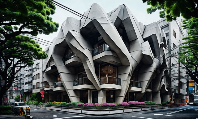 A brutalist, origami-inspired architectural house with balconies, crafted from in-situ folded concrete panels, graces a beautifully landscaped Tokyo street. Captured in 32k HD cinema photography.