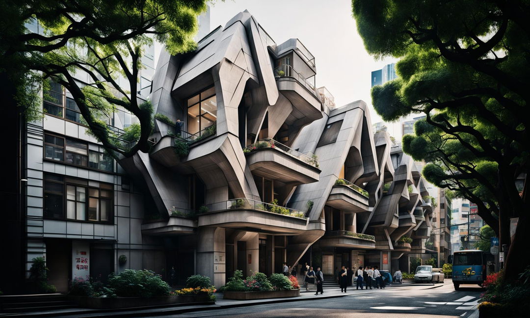 A brutalist, origami-inspired architectural house with angular balconies, crafted from in-situ folded concrete panels, graces a beautifully landscaped Tokyo street. Light rays shine through its geometric structure. Captured in 32k HD cinema photography.