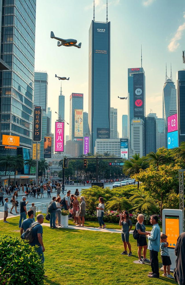 A futuristic city skyline filled with advanced technology, featuring sleek skyscrapers with illuminated windows, flying cars zipping through a clear sky, and vibrant neon signs