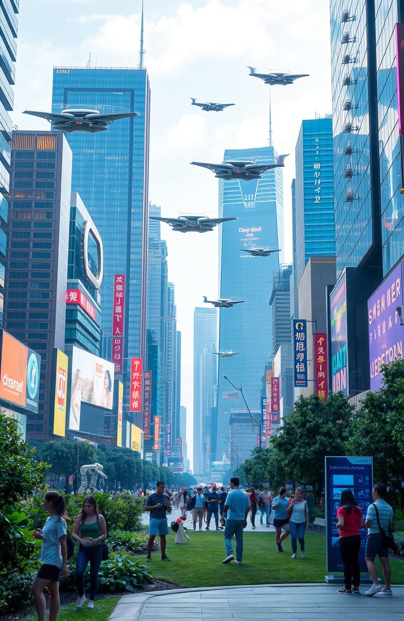 A futuristic city skyline filled with advanced technology, featuring sleek skyscrapers with illuminated windows, flying cars zipping through a clear sky, and vibrant neon signs