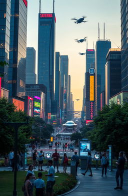 A futuristic city skyline filled with advanced technology, featuring sleek skyscrapers with illuminated windows, flying cars zipping through a clear sky, and vibrant neon signs