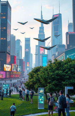 A futuristic city skyline filled with advanced technology, featuring sleek skyscrapers with illuminated windows, flying cars zipping through a clear sky, and vibrant neon signs