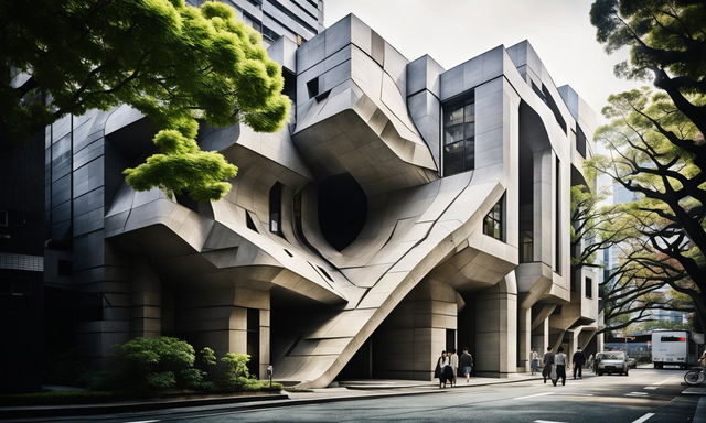 A brutalist, origami-inspired architectural house with angular balconies, crafted from smooth in-situ folded concrete panels, graces a beautifully landscaped Tokyo street. Light rays shine through its geometric structure. Captured in 32k HD cinema photography.