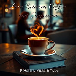 A romantic book cover featuring a beautifully crafted cup of coffee with heart-shaped steam rising from it, set on a rustic wooden table in a cozy cafe ambiance