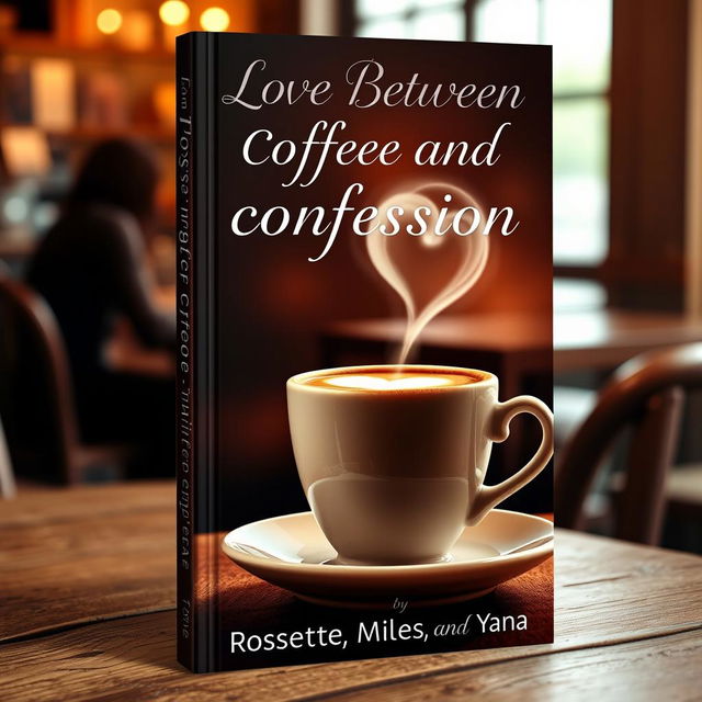 A romantic book cover featuring a beautifully crafted cup of coffee with heart-shaped steam rising from it, set on a rustic wooden table in a cozy cafe ambiance