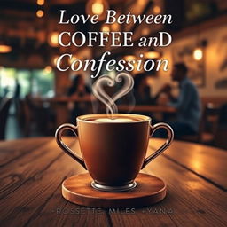 A romantic book cover featuring a beautifully crafted cup of coffee with heart-shaped steam rising from it, set on a rustic wooden table in a cozy cafe ambiance