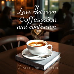 A romantic book cover featuring a beautifully crafted cup of coffee with heart-shaped steam rising from it, set on a rustic wooden table in a cozy cafe ambiance
