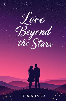 A romantic and dreamy scene depicting a gradient background of deep purple and soft pink, resembling a twilight sky filled with stars