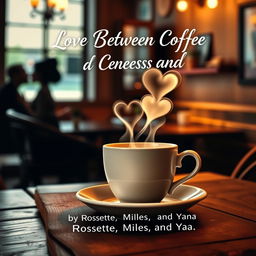 A charming book cover showcasing a steaming cup of coffee with heart-shaped steam wafting above it, elegantly positioned on a rustic wooden table in a quaint cafe