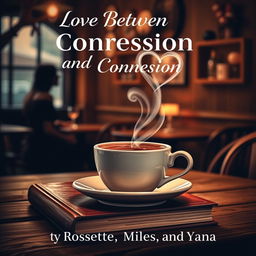 A charming book cover showcasing a steaming cup of coffee with heart-shaped steam wafting above it, elegantly positioned on a rustic wooden table in a quaint cafe