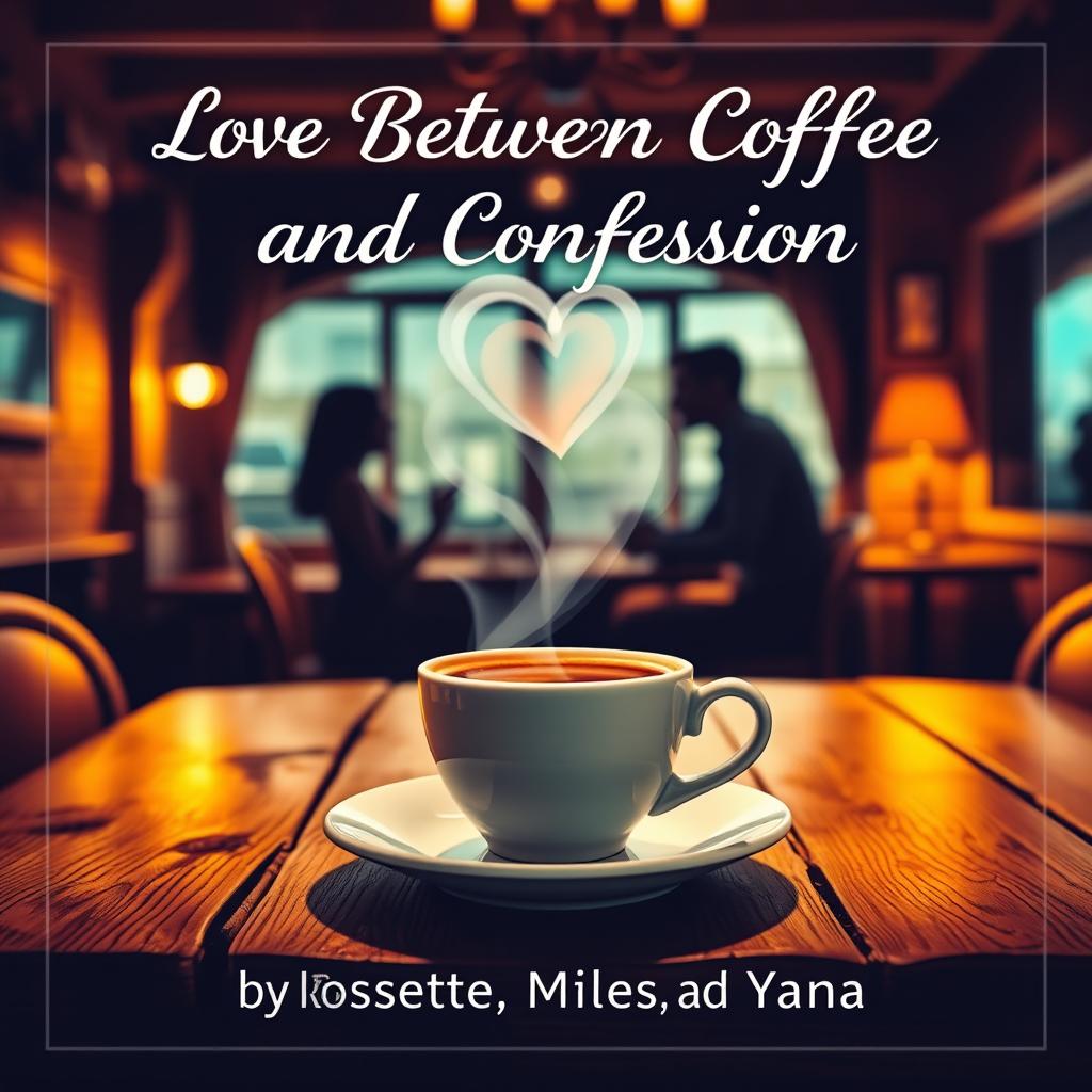 A charming book cover showcasing a steaming cup of coffee with heart-shaped steam wafting above it, elegantly positioned on a rustic wooden table in a quaint cafe