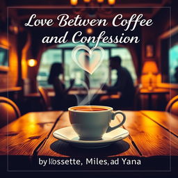 A charming book cover showcasing a steaming cup of coffee with heart-shaped steam wafting above it, elegantly positioned on a rustic wooden table in a quaint cafe