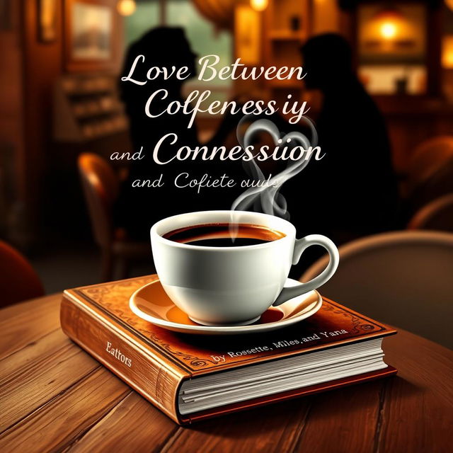 A charming book cover showcasing a steaming cup of coffee with heart-shaped steam wafting above it, elegantly positioned on a rustic wooden table in a quaint cafe