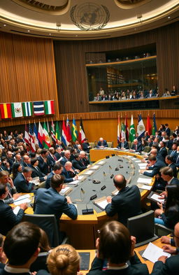 A captivating scene of a Model United Nations (MUN) conference in a grand hall, featuring a diverse group of diplomats in formal attire engaged in passionate discussions