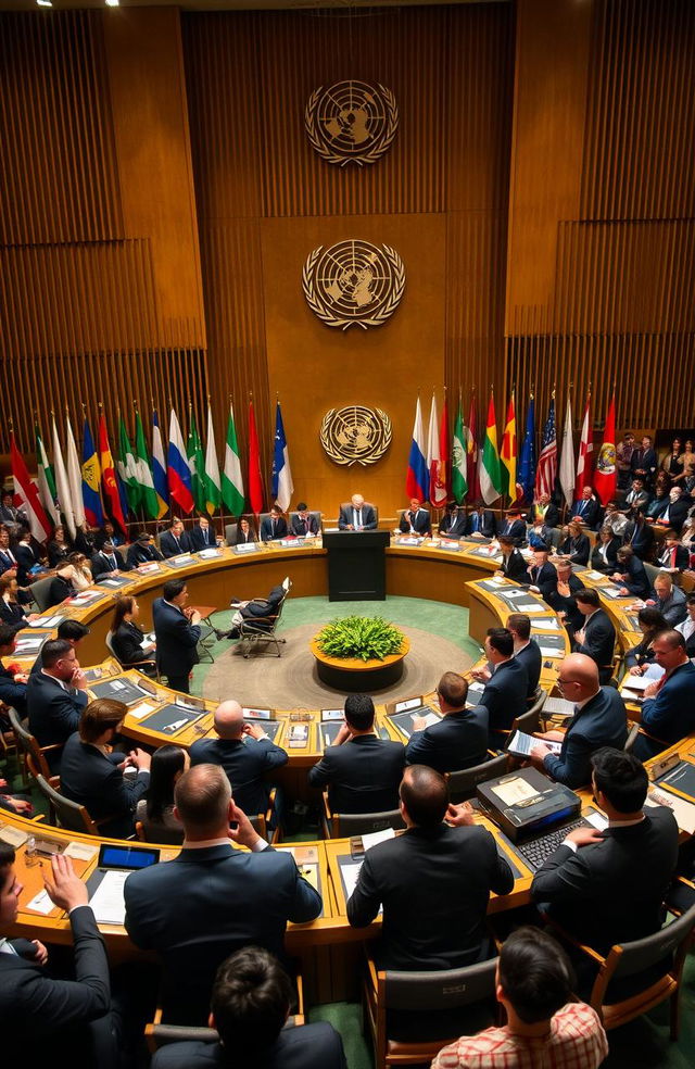 A captivating scene of a Model United Nations (MUN) conference in a grand hall, featuring a diverse group of diplomats in formal attire engaged in passionate discussions