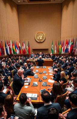 A captivating scene of a Model United Nations (MUN) conference in a grand hall, featuring a diverse group of diplomats in formal attire engaged in passionate discussions