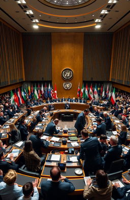 A captivating scene of a Model United Nations (MUN) conference in a grand hall, featuring a diverse group of diplomats in formal attire engaged in passionate discussions