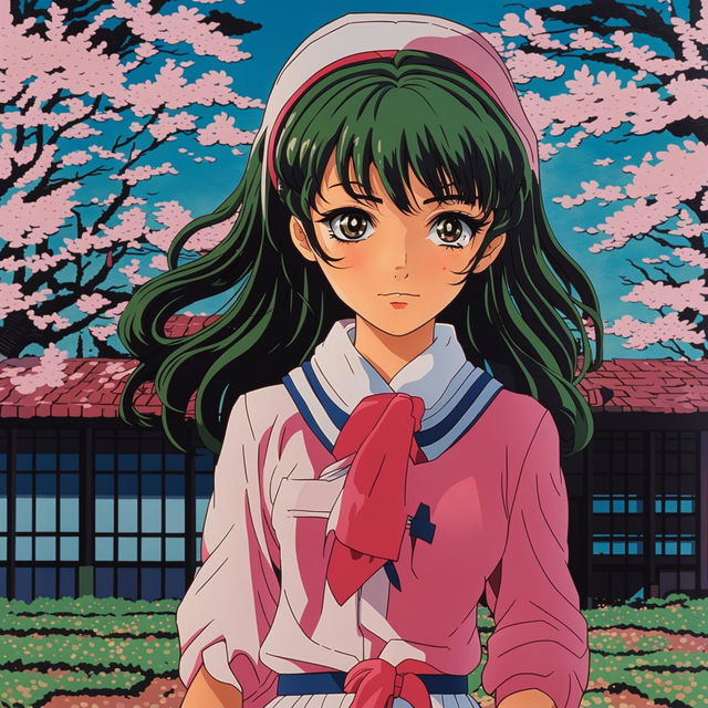 Classic anime girl with large green eyes and long black hair adorned with a red ribbon. She's wearing a traditional sailor-style school uniform and stands against the backdrop of a Japanese high school surrounded by cherry blossom trees.