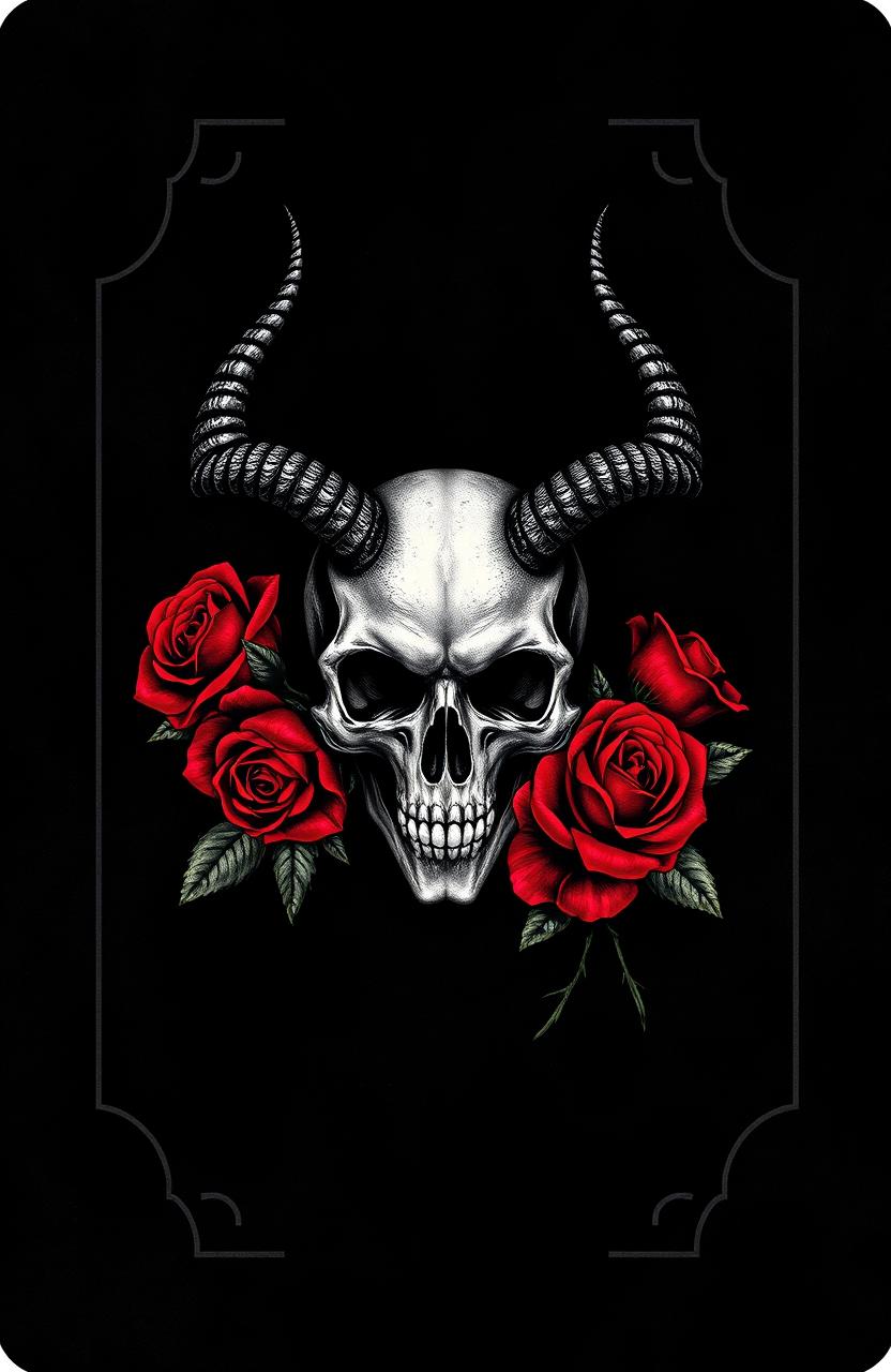 A dark playing card featuring a skull with horns adorned by red roses