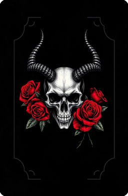 A dark playing card featuring a skull with horns adorned by red roses